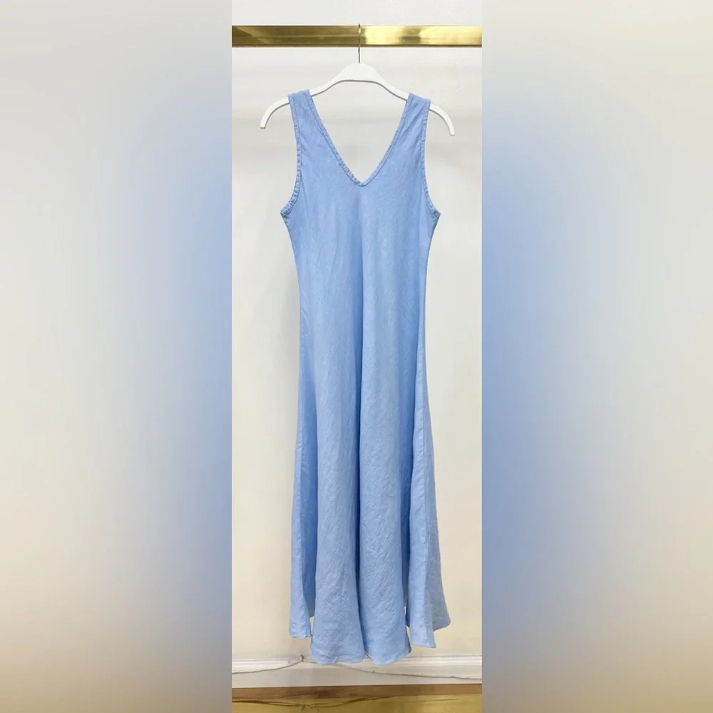 (800866/191333-SKY) ITALIAN LINEN MAXI V-NECK DRESS - Picture 2 of 5